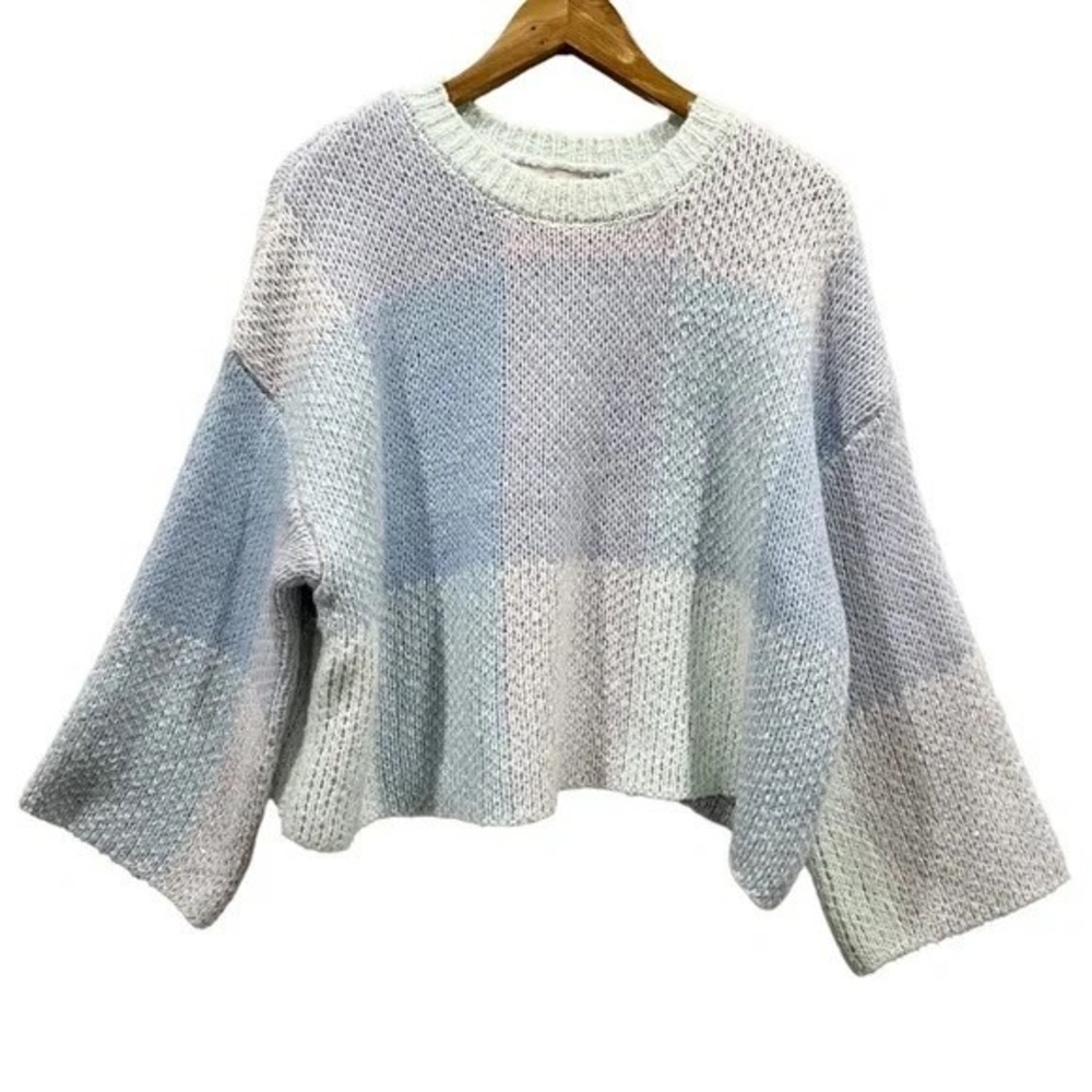 Jessica Simpson Pastel Colorblock Open Knit Sweater L Blue Lavender NWT